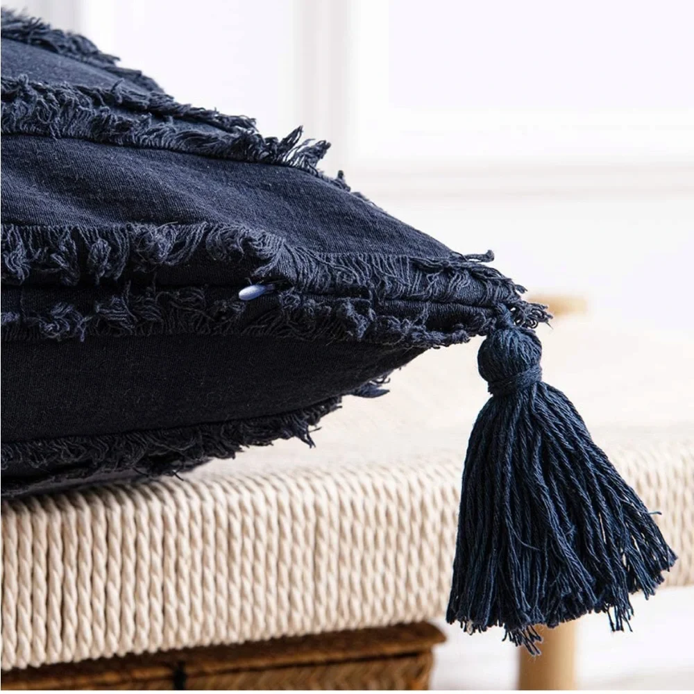 Luxury Home | Navy Blue Striped Frayed Jaquard Corner Tassel Throw Pillow Covers